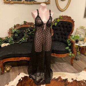 Vintage Glydons Sexy Sheer Lingerie Gown Lace Trim nightgown lace Size L Black